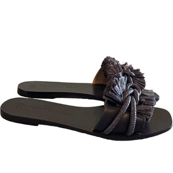 Tory Burch Raffia Fringe Rope Flat Open Toe Slide Leather Sandal Brown - Picture 4 of 11